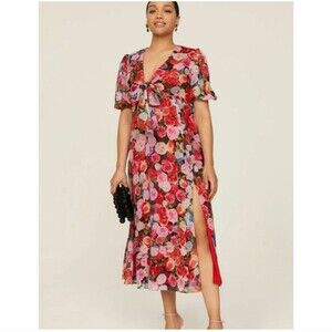 Ieena For Mac Duggal Floral Print Front Tie Puff Sleeve Midi Dress Pink  8 READ!